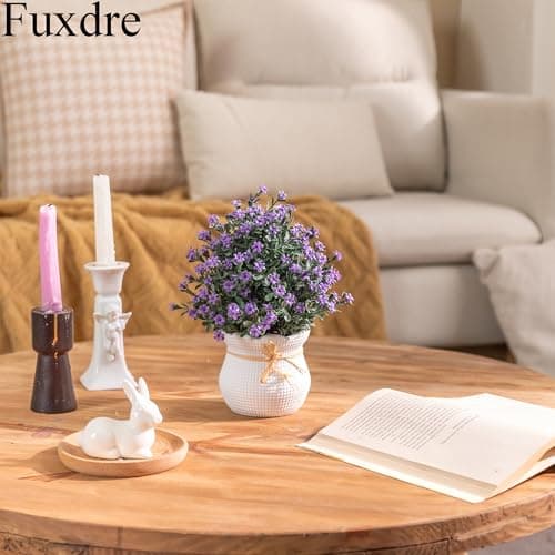Fuxdre 2 Packs Small Fake Plants Mini Artificial Faux Plants with Flowers for Kitchen Office Home Room Farmhouse Bathroom Coffee Table Decor(Purple & White) view 5