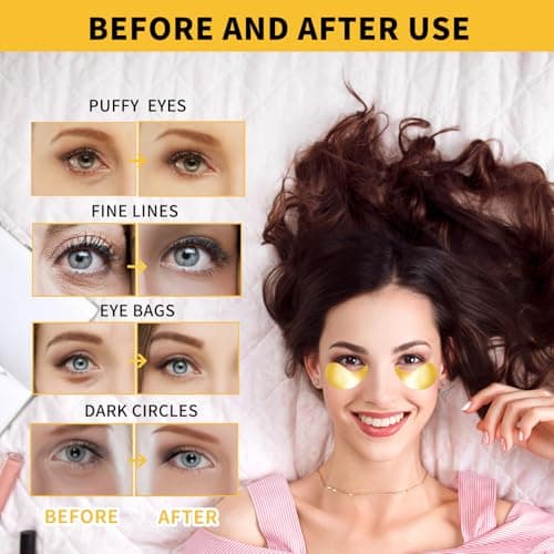 24K Gold Eye Masks for Dark Circles and Puffiness 70PCS, Under Eye Patches for Puffy Eyes Treatment, Under Eye Gel Pads w/ Collagen, Caffeine, Peptides for Eye Bags Treatment, Gel Eye Mask Skincare view 6