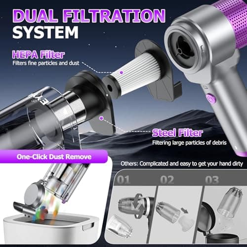 EYYA Handheld Car Vacuum Cleaner Cordless, 16000PA Powerful Hand Held Vacuum Cordless Rechargeable, 4-in-1 Portable Mini Vacuum & Air Duster with Multi-Nozzles and LED Light for Car Home Office view 5