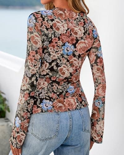 BTFBM Button Down Shirts for Women 2026 Spring Boho Tops V Neck Long Sleeve Blouses Ruched Mesh Fitted Fashion Clothing view 3