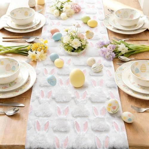 tiosggd Spring Table Runner 72 Inch, White and Pink Faux Fur Cute Bunny Rabbit Dresser Runners for Bedroom, Jacquard Mother's Day Birthday Holiday Party Decorations, Farmhouse Dining Table Decor view 2