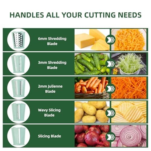 Rotary Cheese Grater with Handle - Vegetable Shredder with 5 Blades & Strong Suction Base, Round Slicer & Food Chopper for Kitchen (Green) view 6