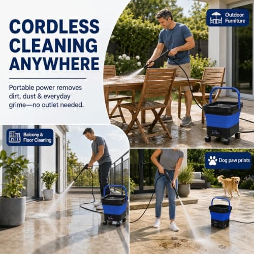 Portable Cordless Washer with 3.4Gal Tank, Foldable Design for Car Camping | 580PSI Max, 7-Level Adjustable Sprayer, 360° Rotating Nozzle, 23FT Hose, 20000mAh Battery, Portable with Wheels, Blue view 6
