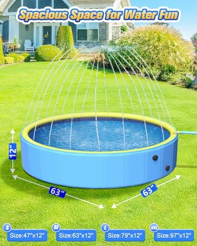 Yivsen 63in Sturdy Dog Pool with Sprinkler, 2-in-1 Non-Slip Kiddie/Kids Pool Hard Plastic, Foldable Dog Sprinkler Pools for Large Dogs, Portable Pet Swimming Pool for Summer Outdoor Backyard view 2