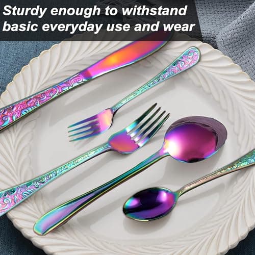 Runfly Vintage Carved Rainbow Stainless Steel 20 Pieces Flatware Set, Colorful Silverware Set, Modern Embossed Cutlery Set Utensils Including Fork Spoon and Knife view 5