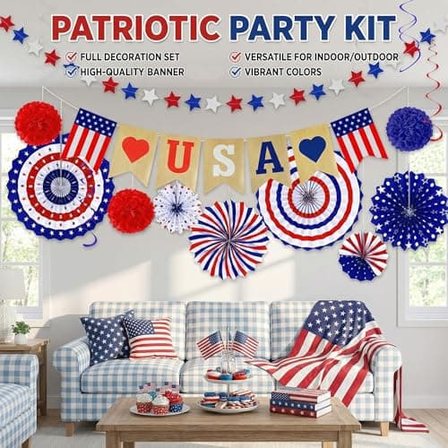 4th of July Decorations - 26 PCS Patriotic USA Banner Star Streamer Paper Fans Hanging Swirls Pompoms Set for Memorial Day | 250th Anniversary Accessories Party Favors for Indoor Outdoor Home view 6