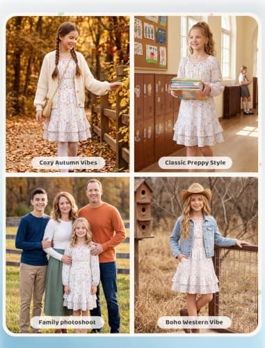 HOZIY Girls Fall Floral Dress Holiday Long Sleeve Square Neck High Waist Ruffle Tiered Midi Dresses 6-14Y view 6