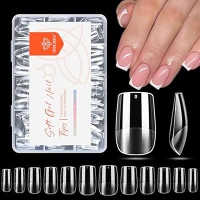 modelones Short Square Nail Tips, Pre-shaped Soft Gel Tips Fake Nails False Acrylic Clear Full Cover Press on Extension Gel Kit Manicure DIY at Home 216PCS 12Sizes