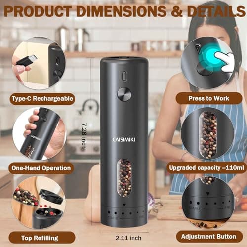 CAISIMIKI Large Capacity Rechargeable Electric Pepper Grinder 2025 New Pepper Mill USB Black Automatic Pepper Mill Adjustable Coarseness Salt Shakers with LED Light One Hand view 3