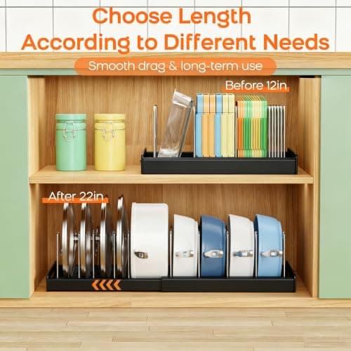 Nigelia Pots and Pans Organizer for Under Cabinet 22" Expandable Food Storage Container Lid Organizers with 10 Adjustable Dividers Pot and Pan Lid Holders Rack Inside Cabinet&Kitchen Countertop(Black) view 4