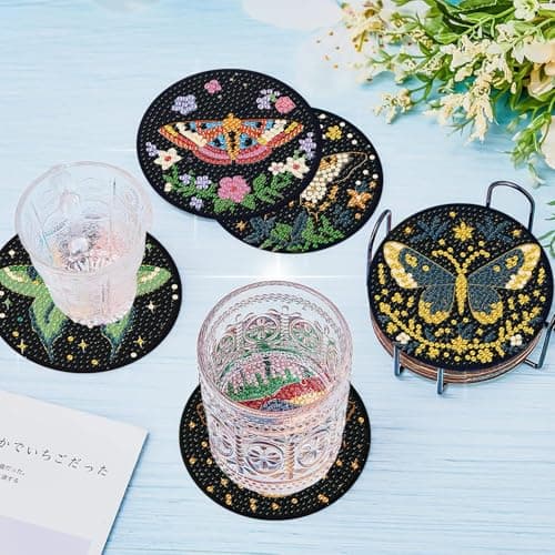 8 Pcs Diamond Art Coasters Kit with Holder, DIY Butterfly Diamond Painting Coasters for Beginners Adults, Non Slip Diamond Art Kits Craft Supplies 4x4inch view 6