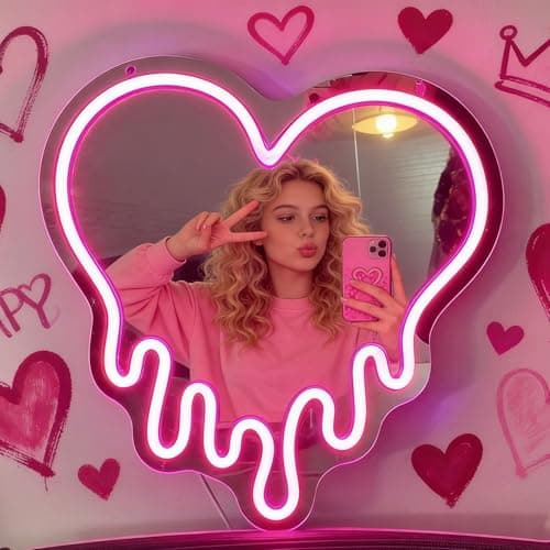 KATMBFUE Y2K Pink Heart Neon Sign, Melting Heart Neon Mirror Light, Heart vanity mirror with lights, Love Shaped LED Wall Decor for Bedroom, Girls Room,Studio, Party, Wedding, Gift for Valentine's Day, Birthday, Anniversary view 2