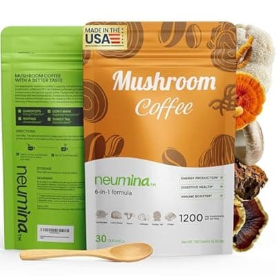 Neumina 6-in-1 Mushroom Coffee, Energy Coffee with 6 Adaptogenic Mushrooms (Cordyceps, Lion's Mane, Reishi, Chaga, Shiitake, Turkey Tail Total 1200mg), Almost30 Servings, 180g