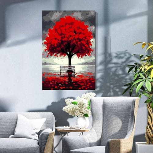 igoodom Framed Paint by Numbers Kit for Adults Beginner, Red Trees Easy Paint by Number Kits on Canvas with Easel, DIY Adults' Paint-by-Number Kits for Gift Home Wall Decor 8x12inch view 3