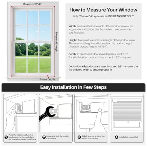 FIEKKRNR Cordless Cellular Shades, No Tools No Drill Blackout Honeycomb Shades Pleated Blinds for Windows Double Curved No-Pull Honeycomb Shade Semi-Blackout (White, 34" W x 48" H) view 6