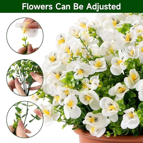 Vemander Artificial Flowers for Outdoor, UV Resistant Fake Silk Pansies Flowers, Realistic Faux Plants for Outside Indoor Porch Patio Window Box Planter Home Decor (16, White) view 2
