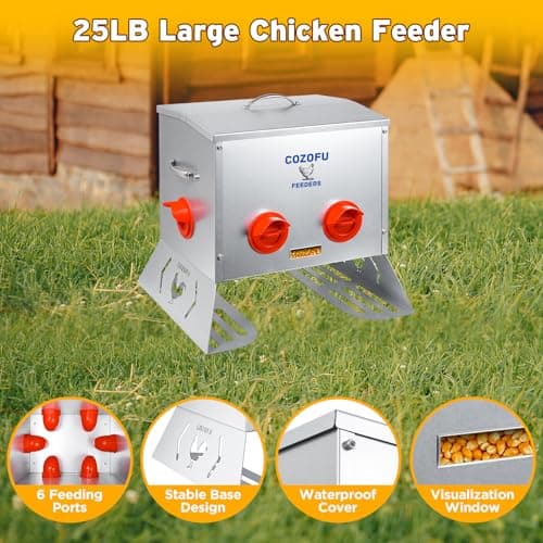COZOFU 25 Pounds Automatic Chicken Feeder 6 Ports Large Gravity Fed Chicken Feeder with Transparent Window & Handle for Chickens Bantams Pheasants Poultry Coop Weatherproof​ view 4