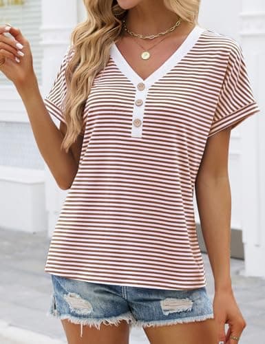 JUSTFASHIONNOW Womens Striped Henley T Shirts Short Sleeve V Neck Summer Tops 2026 Button Front Dressy Casual Blouses view 4