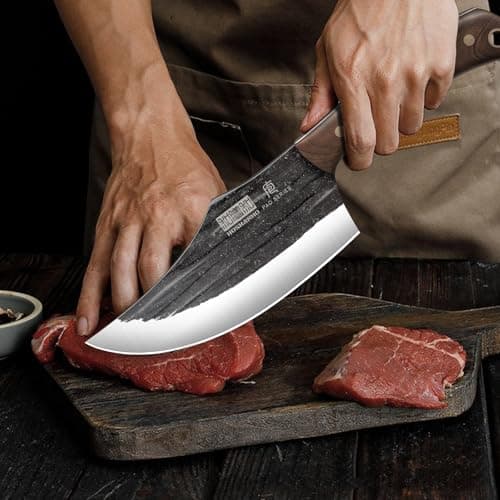 HOSHANHO Butcher Knife Set, Sharp Kitchen Knife Set & Roll Bag Gift for Men | Hand Forged 8PCS Butcher Chef Knife Set with Meat Cleaver Knife & Bone Chopper Knives & Fillet Knives for Home, Camping, BBQ view 6