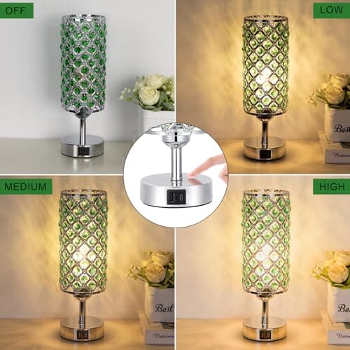 Hong-in Green Crystal Table Lamp - 3-Way Dimmable Touch Control, Bedside Lamp with USB C and A Ports, Nightstand Light for Living Room, Bedroom, Home Office (Bulb Included) view 3