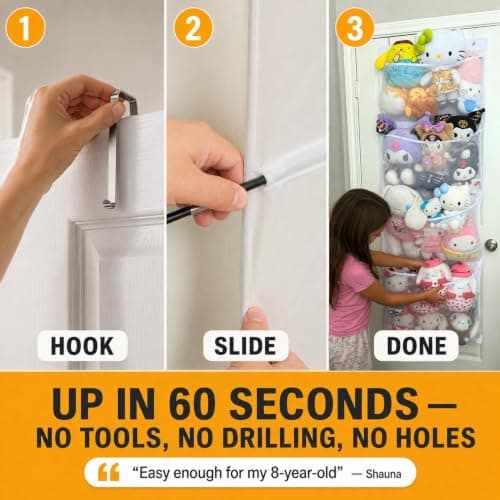 Honeyera The Original Stuffed Animal Storage (Patented) - Over Door Organizer for Stuffies, Baby Ideas Holder, Toy Plush Hammock Hanging Net Big Girls Toddler Large Bag Animals Stuffy Behind view 3