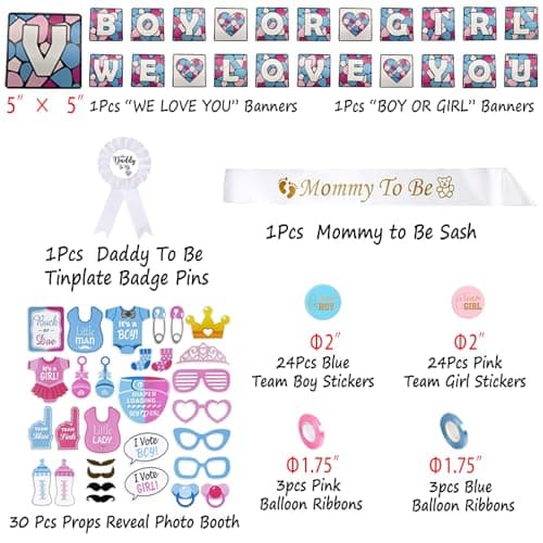 200 Pcs Gender Reveal Decorations Kit, Boy or Girl Gender Reveal Supplies | Baby Reveal Supplies with 36" Gender Reveal Balloon, Boy or Girl Banner, Mommy to Be Sash, Fringe Curtains & Photo Props view 3