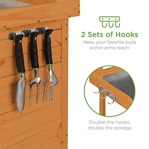 Best Choice Products Outdoor Garden Wooden Potting Bench Work Station w/Metal Table Top, Pre-Stained Finish, Cabinet, Sliding Drawer, Large Bottom Shelf - Brown view 6