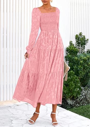 PRETTYGARDEN Wedding Guest Dresses for Women Floral Long Sleeve Smocked Tiered Elegant Long Flowy Boho Dress view 5