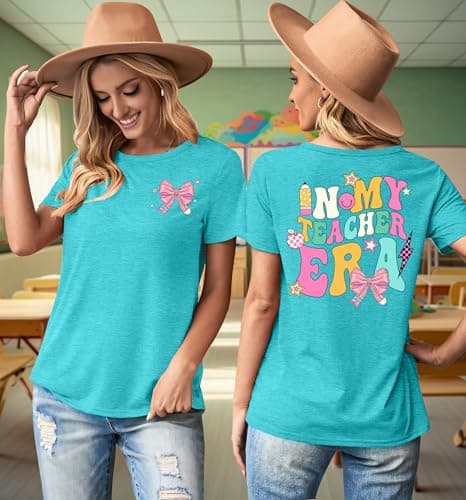 PICKID Teacher Shirts Women: in My Teacher Era T-Shirt Pencil Bow Graphic Tee Back to School Teaching Gift Casual Tops view 3