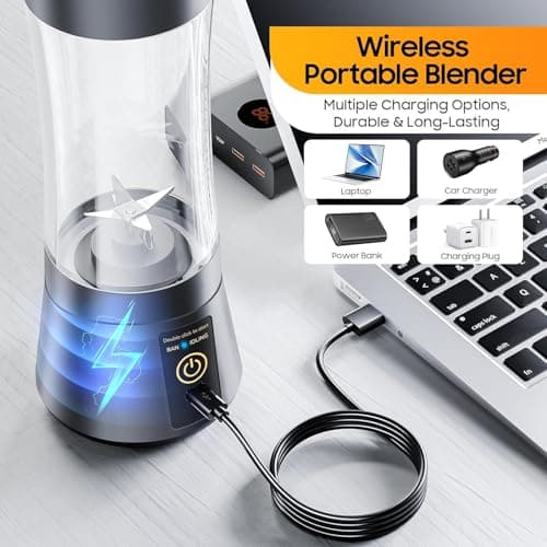 Portable Blender, Cordless Personal Smoothie Blender with USB Rechargeable & 6 Blades, Compact Mini Juicer Powerful Blending for Shakes Fruits Veggies Travel Home Office Gym Camping view 3