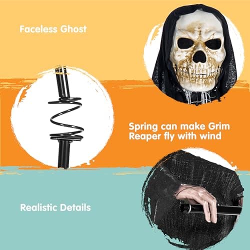 JOYIN Halloween Grim Reaper Decorations Outdoor Rotatable Flying Scream Scarecrow Skeleton Ghosts Decor for Graveyard Haunted House Props, Garden, Porch, Yard Lawn view 2