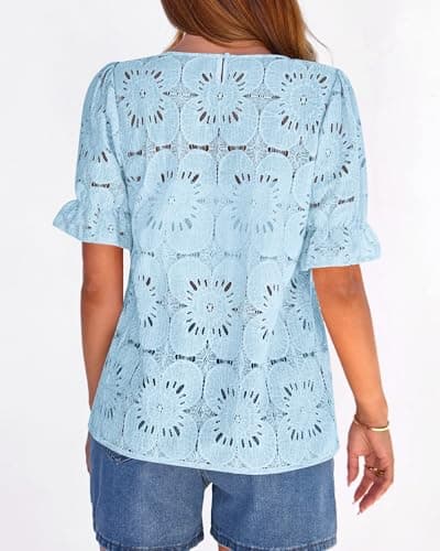 KIRUNDO Lace Tops for Women Blouses Dressy Casual Boho Eyelet Puff Short Sleeve Shirts Spring Summer Clothes Vacation Outfits view 4