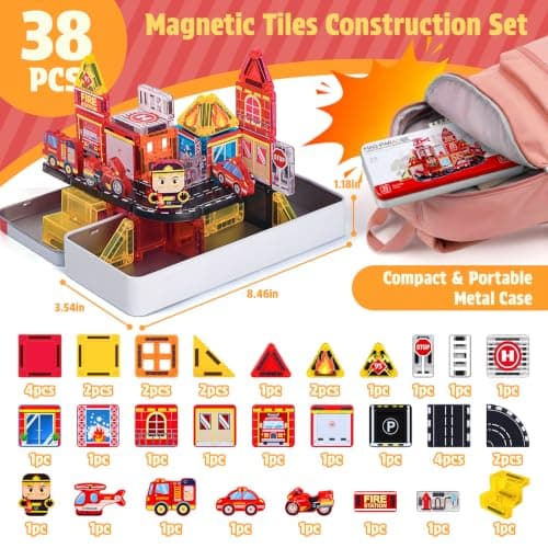 Mini Magnetic Tiles Set with Fire Rescue|Travel Magnet Tiles for Boys | Fire Truck,Firemen,Road,Rescue Helicopter Mini Magnetic Travel Set|Construction Building Blocks for 3+ Year Old Birthday Gift view 2