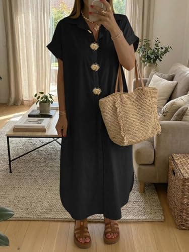 Wenrine Womens Summer Shirt Dress Casual Short Sleeve Button Maxi Dresses Beach Cover Up with Pockets view 4