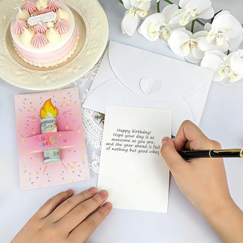 Unique Gold Foil Birthday Cards with Envelopes - Birthday Candle Creative Designs Design, Fun Playful Money Holder Cards, Exquisite Women's Birthday Cards for Family, Kids & Friends(Pink-1) view 2