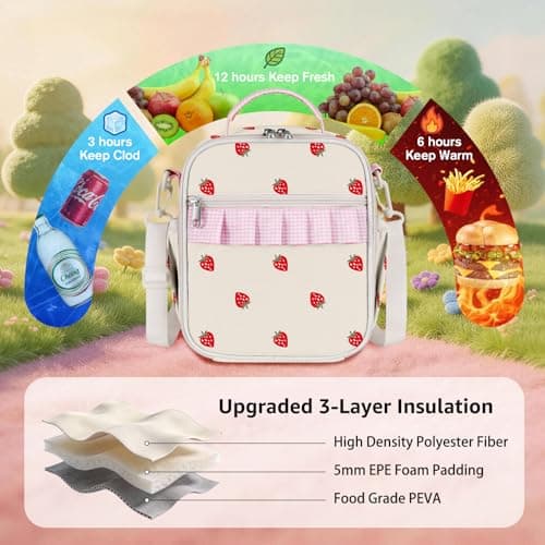 Easozoom Insulated Lunch Bag for Teen Girl Kid Women with adjustable shoulder strap, Large Lunch Box, Reusable Portable Waterproof Leakproof Lunchbox for School Travel Office Picnic (Strawberry) view 4
