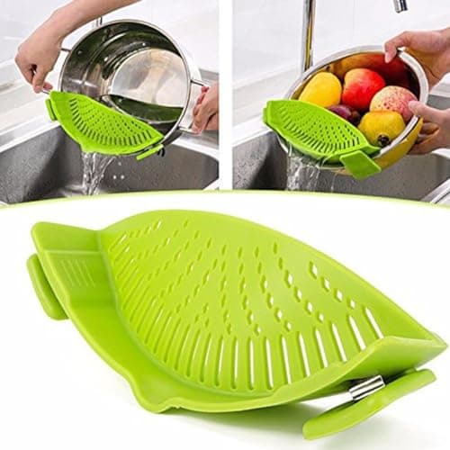 Clip On Strainer Silicone for All Pots and Pans, Pasta Strainer Clip on Food Strainer for Meat Vegetables Fruit Silicone Kitchen Colander (Green) view 6