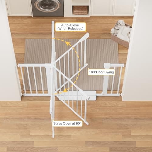 Cumbor 29.7-48" Baby Gate for Stairs, Mom's Choice Awards Winner-Dog Gates for Doorways, Auto Close Safety Pet Gate for Dogs Indoor, Easy Install Pressure Mounted Child Gate with Walk Thru Door, White view 4