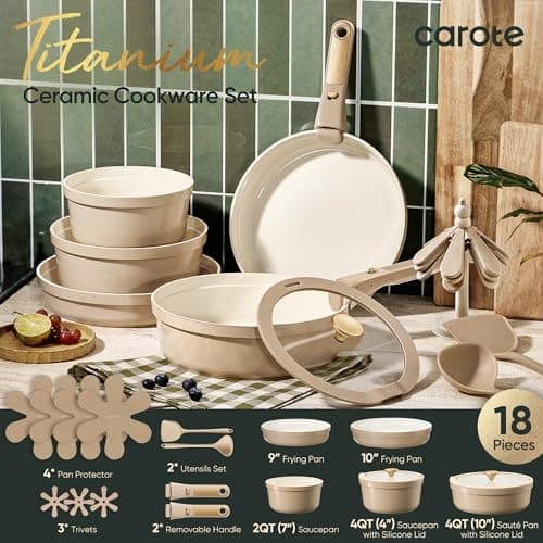CAROTE 18 Pcs Ceramic Cookware Set Titanium Nonstick with Detachable Handles, Non Toxic Cookware, Pots and Pans Set Non Stick Removable Handles, Induction Available, Kitchen Cooking, Dishwasher Safe view 2