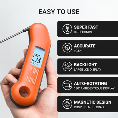 Professional Meat Thermometer Digital, Ultra-Fast 0.5 Sec Instant Read, NIST Certified ±0.5°F Accuracy, IP67 Waterproof, Auto-Rotating Backlit Display, Lift-to-Wake, for BBQ/Candy, Orange&Gray view 5