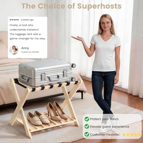 Luggage Rack Set of 2, Sturdy Wooden Luggage Rack for Guest Room, Folding Suitcase Stand with Storage Shelf, Luggage Stand with 6 Nylon Straps for Bedroom, Hotel view 6