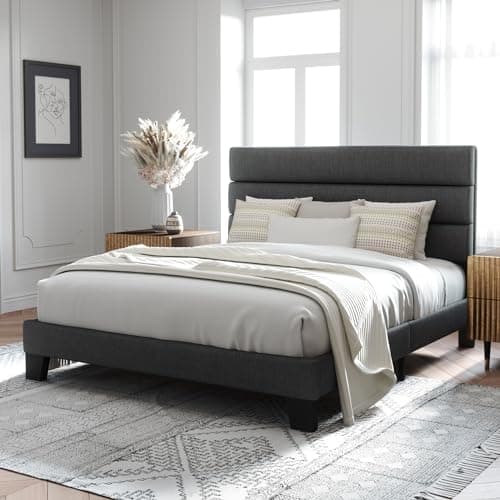 Allewie Queen Size Platform Bed Frame with Fabric Upholstered Headboard and Wooden Slats Support, Fully Upholstered Mattress Foundation/No Box Spring Needed/Easy Assembly, Dark Grey view 3