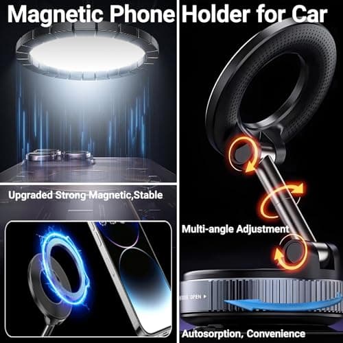 ELESULTRA Magnetic Phone Holder for Car - Suction Cup Phone Mount for Magsafe, Universal 360° Dashboard Phone Holder Vacuum Cell Phone Holders for Your Car/Gym/Mirror Car Mount for iPhone & Android view 3
