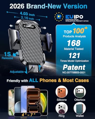 [2026 True Military-Grade] Car Phone Holder VANMASS [Upgraded Strongest Suction & Clip] Cell Phone Mount for Dashboard Windshield Vent Wall,Truck Cradle Stand for iPhone 17 Pro Max 16 15 14 13 Android view 5