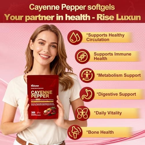 RiseLuxun 12-in-1 Cayenne Pepper Capsules Supplement*, 5000mg Per Serving Containing | Vitamin D3 K2+E & Extracts of Grape Seed, Hawthorn, Beetroot, Berberine Other Extracts view 5