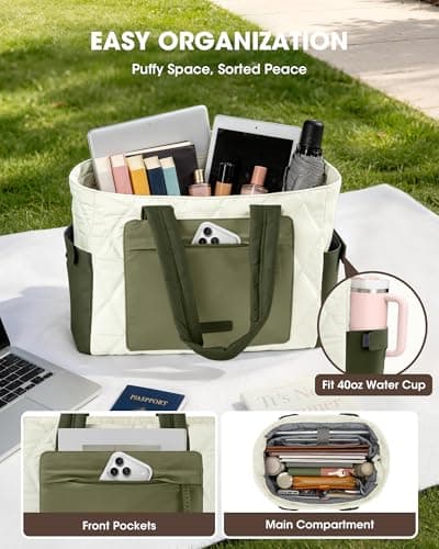 RAINSMORE Work Tote Bag for Women, Puffer Laptop Tote Bag for Teacher Large Lightweight Quilted Travel Bag with Cup Holder view 4