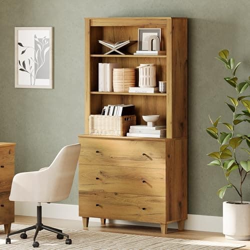 WAMPAT 71" Tall Bookcase with 3 Drawers & Open Shelves, Modern 3-Tier Bookshelf with Adjustable Shelf, Floor Standing Wooden Display Book Shelf for Home Office, Living Room, Bedroom, Oak Brown — image 1