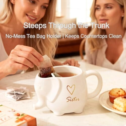 AKLOPE Elephant Shaped Tea Mug with Mom Heart Design, White Ceramic Stoneware Cup with Tea Bag Holder, 15 Ounce (15 oz, Mom) view 4