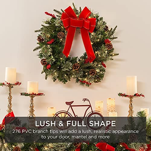 Best Choice Products 30in Pre-Lit Battery Powered Christmas Wreath Artificial Pre-Decorated Holiday Accent w/ 100 Lights, 276 PVC Tips, Ribbons, Pine Cones view 3