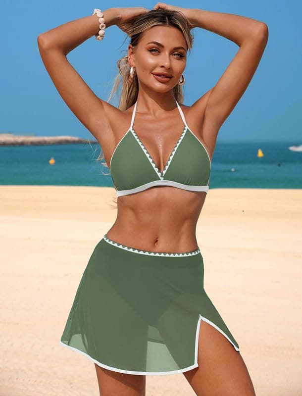 ZAFUL Womens High Waisted Skirt Bikini Sets, Mesh Swim Skirts Halter Two Piece Bathing Suits Color Block Swimsuits 2026 view 4